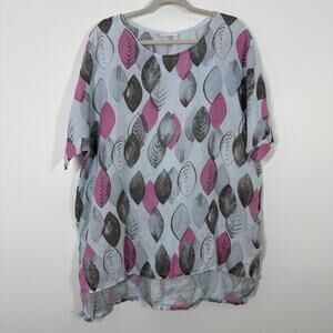 Unbranded 100% Linen Blue Leaf Print Short Sleeve High Low Tunic Top Breathable